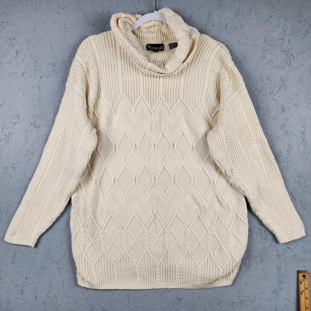 Wainscott Sweater Womens Large Cream Cotton Cowl Neck Cable Knit Pullover Chunky